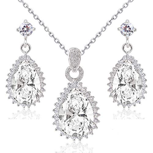 Preisvergleich Produktbild Tropfenform Weiß Österreichische Zirkonia Kristalle Hochzeit Schmuck-Set Halskette Anhänger 45 cm Ohrhänger18 kt Weiß Vergoldet