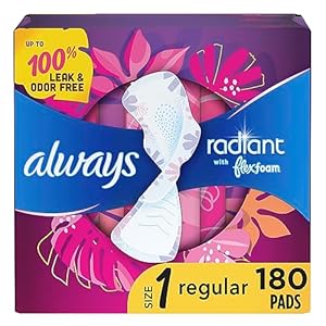 Always Radiant Feminine Pads For Women, Size 1 Regular Absorbency, With Flexfoam, With Wings, Light Clean Scent, 30 Count x 6 Packs (180 Count total)