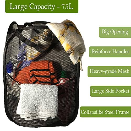 Image of BATTOO Deluxe Strong Mesh Pop up Laundry Hamper Basket with Side Pocket Foldable Hamper for Laundry Room, Bathroom, Kids Room, College Dorm or Travel Black + Black