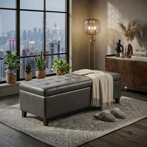 Image of Ottoman with Storage 51 inch Faux Leather Storage Ottoman Bench