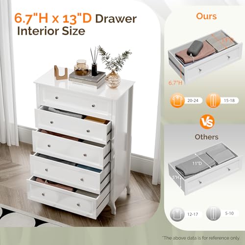 Image of VINGLI White Dresser 5 Drawer Chest of Drawers for Bedroom, 44.5 inch Tall Wood Dresser with Drawers, 29.92 inch W*15.75 inch D*44.49 inch H