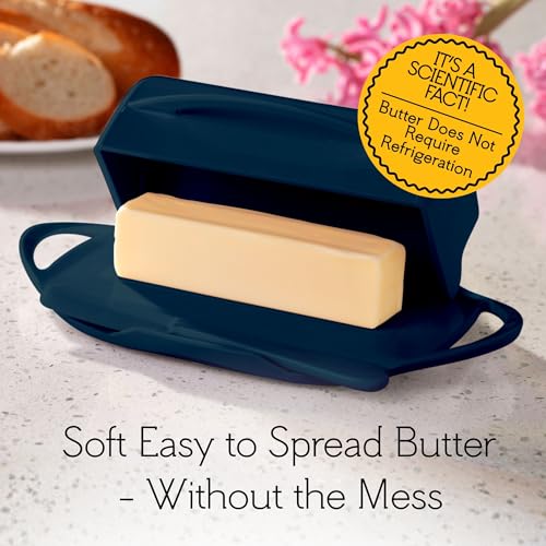 Image of Butterie Flip Top Butter Dish with Attached Lid & Matching Knife - Holds 2 Sticks, Fits Kerrygold /European Butter - BPA Free & Dishwasher Safe - Navy