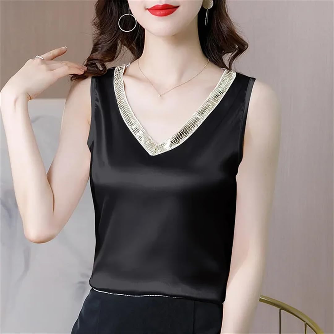 Top estivo da donna senza maniche in seta con scollo a V sciolto solido