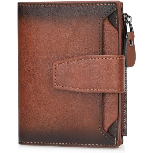 Genuine Leather Wallet for Men Slim Bifold Zipper RFID Blocking Large Capacity Card Holder Coin Pocket Front Pocket Gift (Brown)