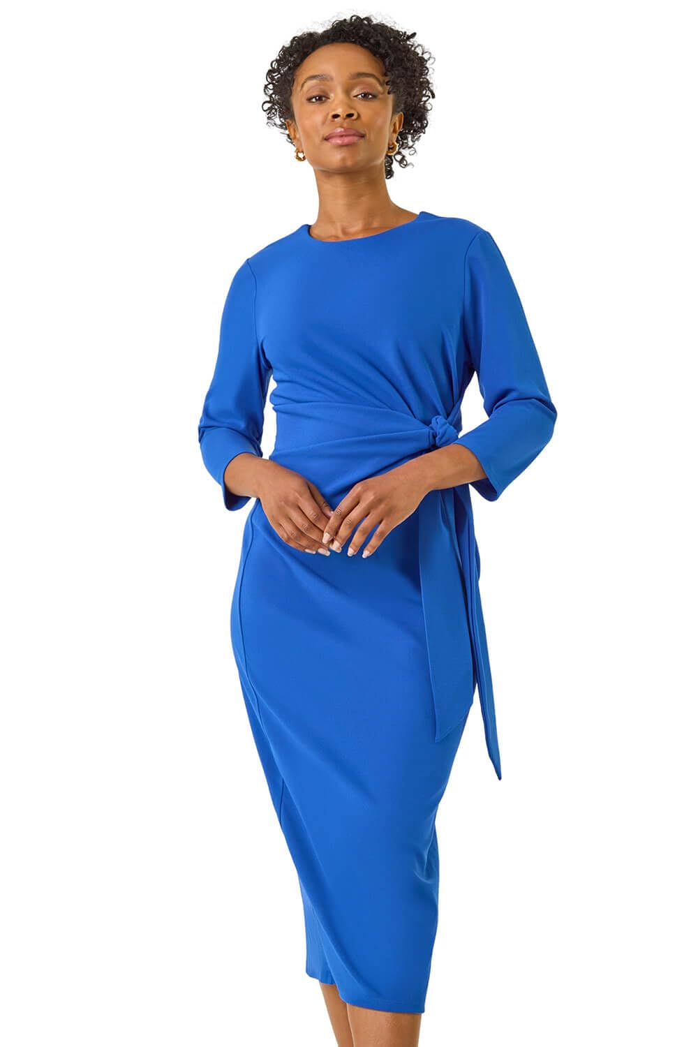 Roman Originals Women's Petite Royal Blue Roman Petite Tie Waist Stretch Midi Dress For Uk - Everyday Autumn Winter Round Neckline Comfy Soft Evening Vacation Work Party Night Out - Size 12