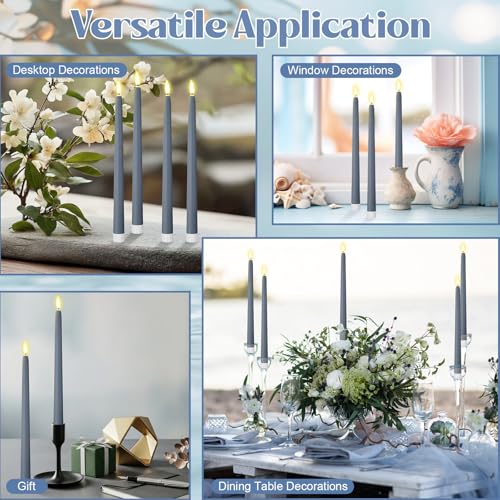 Image of Handepo 48 Pack Flameless Taper Candles Realistic with Flickering Candlelights Plastic 11 Inch Last Long Battery Operated Window Candlestick for Halloween Christmas (Dusty Blue)
