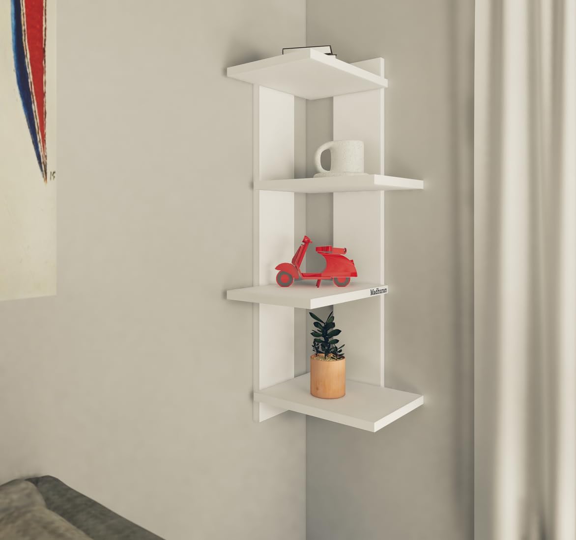 Madhura Drakon Wall Mounted Corner Shelf Unit (Tier 4 White) Office Living Room Bedroom Kitchen Furniture Floating Organizer Home Hanging Library Items.-image-16