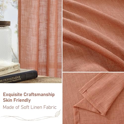 LAMIT Terracotta Linen Curtains 80 inch Length 2 Panels, Light Filtering Semi Sheer Panels Back Tab and Rod Pocket Neutral Drapes for Bedroom/Living Room, 34 x 80 Inch