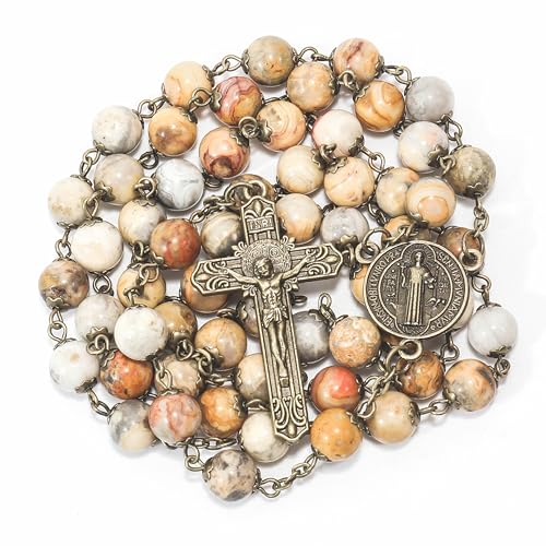 Nazareth Store Antique Bronze Rosary Necklace Genuine 8mm Stone Beads with St. Benedict Cross and Medal