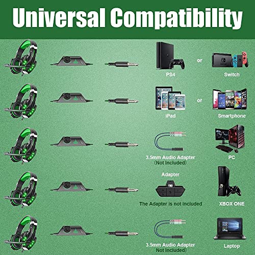 Image of BENGOO G9000 Stereo Gaming Headset for PS4 PC Xbox One PS5 Controller, Noise Cancelling Over Ear Headphones with Mic, LED Light, Bass Surround, Soft Memory Earmuffs for Laptop Mac - Green