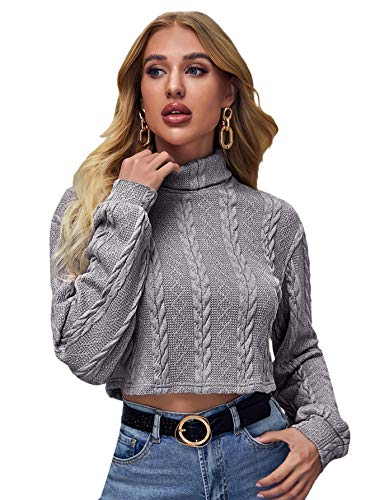 Romwe Women's Casual Long Sleeve Mock Turtleneck Knit Sweater Top Blouse Grey X-Small