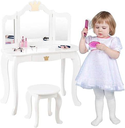 Miniatura 9 de HONEY JOY Vanity - Juego de mesa y silla de maquillaje con temática de corona con cajón y espejo de tres pliegues, espejo desmontable, juego de