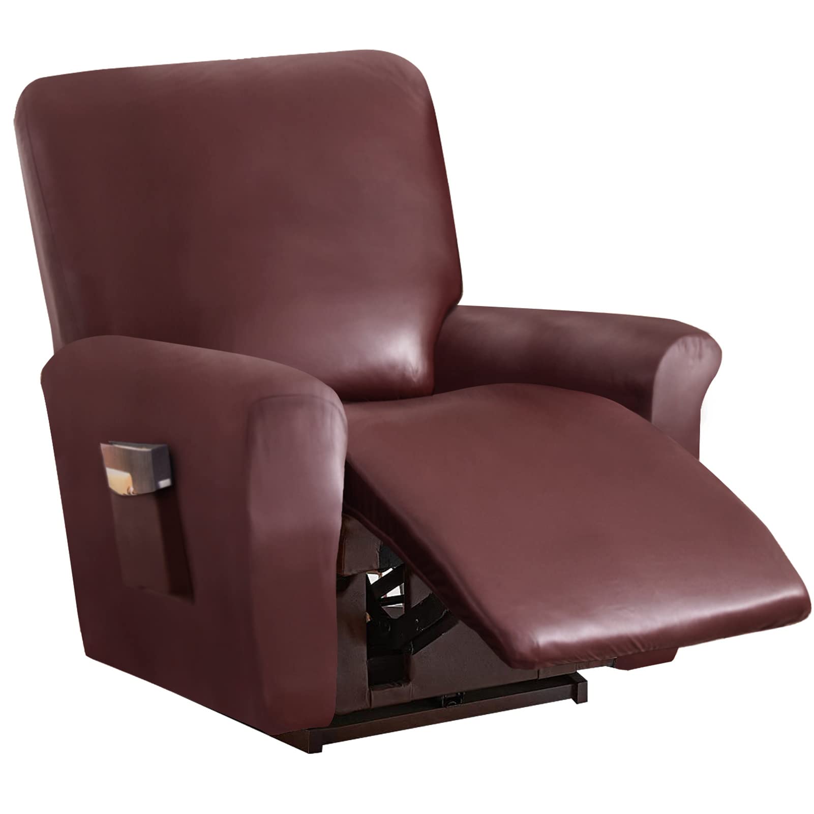 CZADMXP Recliner Sofa Slipcovers 1/2/3 Seater, PU Leather Reclining Chair Covers, Stretch Couch Furniture Protector Cover with Side Pocket (Wine Red,1 seater)