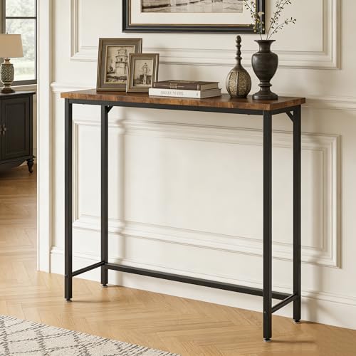 Tujurich Narrow Console Table for Entryway with One-Piece Desktop (No Splicing), Slim Sofa Table Behind Couch, Thin Hallway Table for Small Spaces, Living Room Bedroom Office, Brown