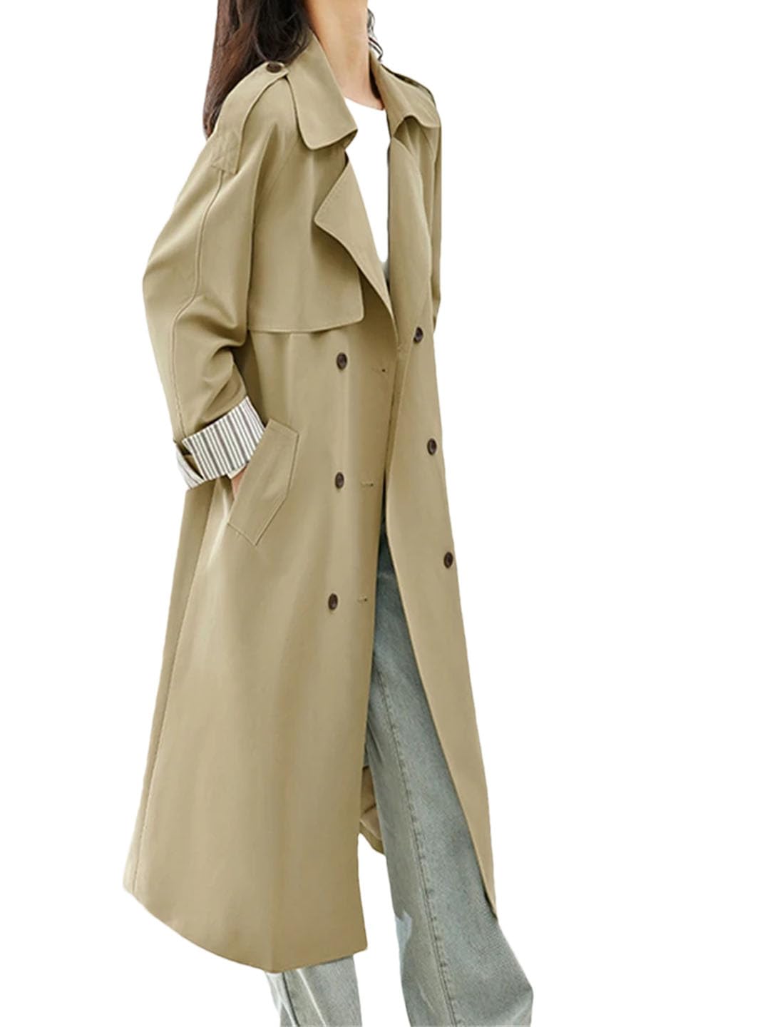 Long Trench Coat Woman Lapel Double Breasted Womens Trench Coat
