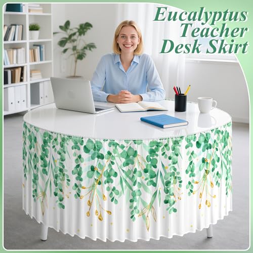 Image of 14FT Ruffle Eucalyptus Table Skirt Sage Green Teacher Desk Skirt for Classroom Decor Rectangle Table Cloth for Back to School Decorations Baby Shower Party Supplies Home Office Dorm Bookcase Cabinet