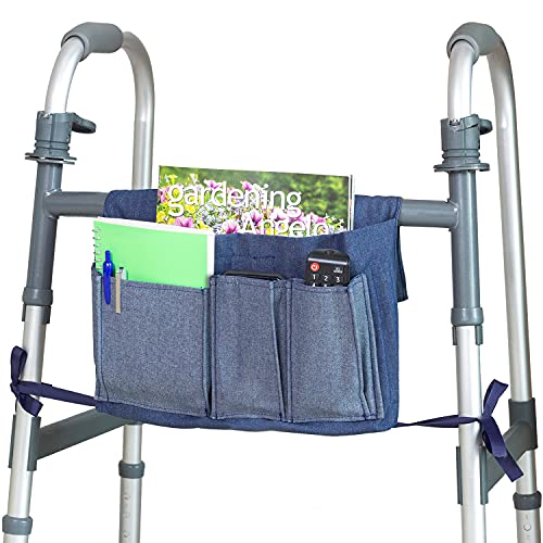DMI Walker Bag, Walker Bags for Folding Walker, Bag for Walker Attaches and Detaches Easily, Multi-Pocket Walker Accessories Bag, Blue Denim, 9.5 x 13 Inches
