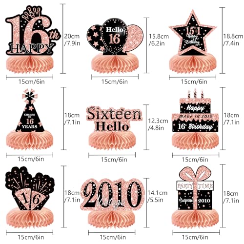 Image of 9Pcs Rose Gold Sweet 16 Birthday Decorations Honeycomb Centerpieces for Girls,Pink Happy 16th Birthday Centerpieces Tables Toppers Party Decorations Supplies 16th Table Sign Decor