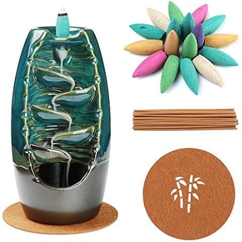 NewEGG Ceramic Backflow Incense Burner Waterfall Incense Holder Home Decor Aromatherapy Ornament with 10 Cones Incense Cover
