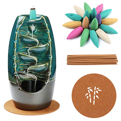 NewEGG Ceramic Backflow Incense Burner Waterfall Incense Holder Home Decor Aromatherapy Ornament with 10 Cones Incense