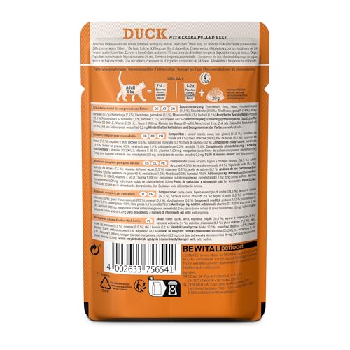 LEONARDO Frischebeutel [16x70g Duck mit Fleischstreifen] Pulled Beef | Getreidefreies Nassfutter für Katzen | Alleinfuttermittel Katzenfutter