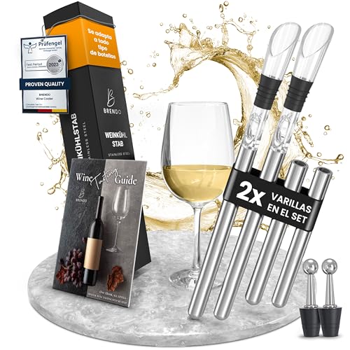 Brendo Enfriador de Botellas de Vino 8 en 1 – Varillas Enfriadoras de Acero Inoxidable en 2 Longitudes + Vertedor + Decantador + Tapón | Set de Regalo para Hombres y Mujeres | Accesorios para Vino