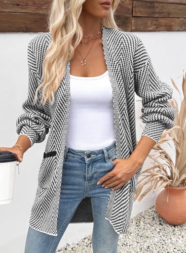 Sidefeel Womens 2025 Fall Outfits Long Sleeve Open Front Striped Cardigan Sweaters Chevron Chunky Knit Sweaters Coat4