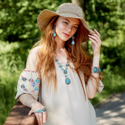 Image of Ecally Bohemian Western Jewelry Turquoise Set Women Country Pendant Long Choker Layered Bracelets Earrings Ring for Women