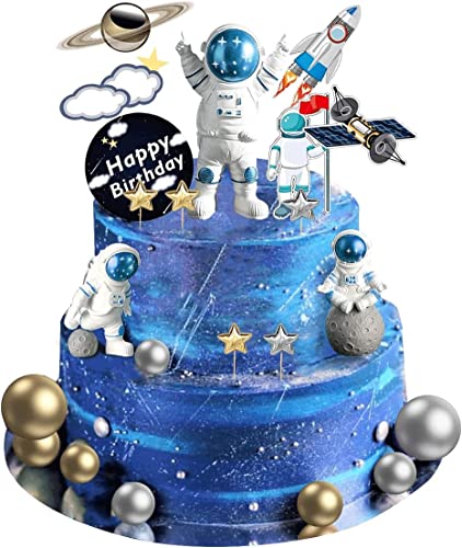 22 Pcs Space Cake Topper,Space Cupcake Toppers Astronaut Figurine Birthday Outer Space Themed Party Decorations Supplies Planet Rocket Pearl Balls and Star DIY Cake Toppers for Kids Party Baby Shower