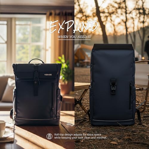 Image of Verage Roll Top Laptop Backpack Waterproof PU Lather Travel Backpack Expandable Work Carry On Backpack for Men Women
