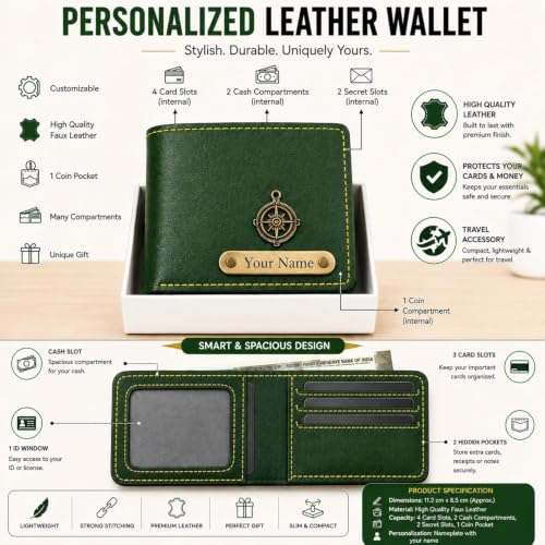 Image of Customized Wallet Combo Gift Set for Men | Faux Leather Wallet, Passport Cover & Keychain with Name & Charm | Personalized Gift for Birthday, Rakhi & Anniversary (Green wkps)