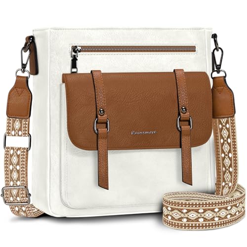 RAINSMORE Umhängetasche Damen Mittelgroß Handtasche Damen Leder Crossbody Bag Damen-Umhängetaschen Schultertasche Handtaschen Damenhandtasche mit Breiten Schultergurten Weiß und Braun