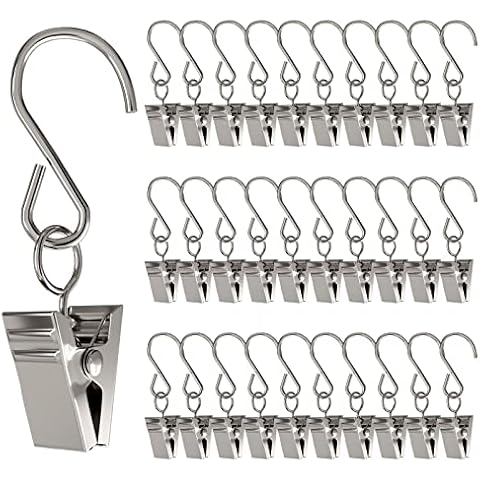 60PCS Curtain Clips with S Hooks for Hanging Party String Lights Outdoor Wire Holders Clamp Hangers Gutter Hooks, Stainless Steel Silver Cover