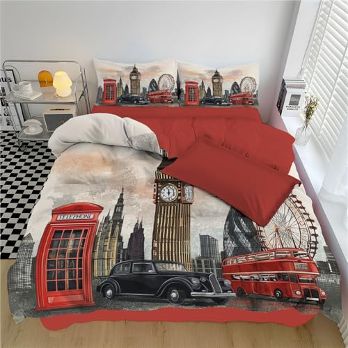 Housse de Couette Réversibles 200x200cm Parure de Lit 3 pièces Architecture classique de Big Ben Literie 3D Impression Microfibre Paysage urbain de Londres...