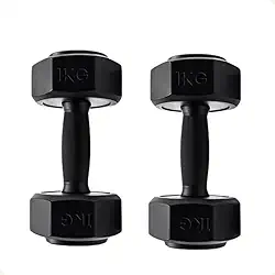 Par de Halteres Sextavados, 1kg, Pretos, para Treino Funcional e Fisioterapia