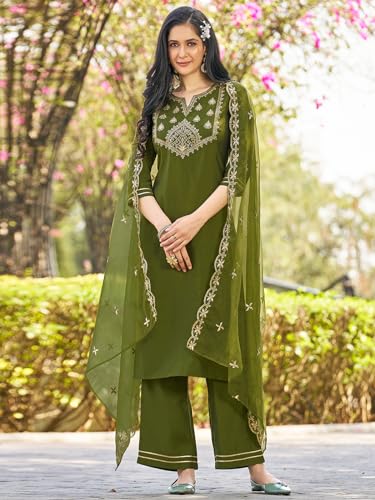 Sanisa Women's Silk Blend Sequence Embroidery Work Straight Kurta With Pant And Dupatta (129Kbd1395N-L_Mehndi Green)