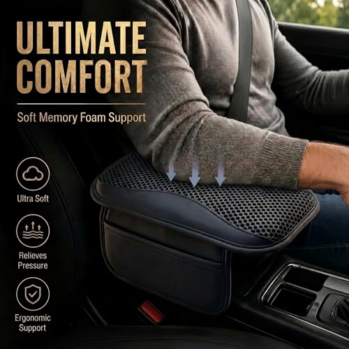 Image of DETACHI Car Center Console Armrest Cover Pad, PU Leather Mesh Armrest Cushion,Universal Fit for SUV /Truck /Car, Console Box Cover With 2 Mobile Pockets, Breathable Mesh Fabric Mat-(Black, 31X18X2CM)