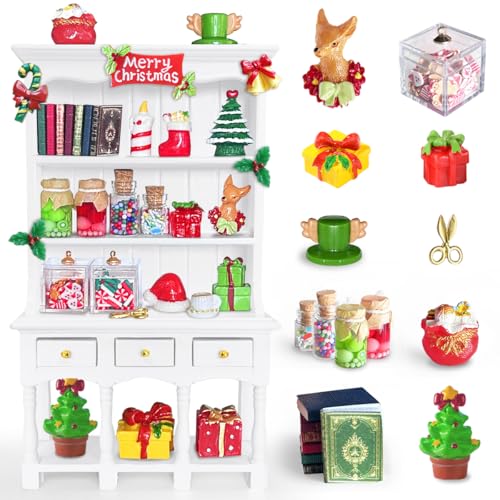 BEIREG Dollhouse Miniatures Accessories 1/12 Scale, 34pcs White Wooden Bookshelf Furniture Kit - Mini Books&Gift Boxes, Candy Jars, Christmas Tree&hat, Dollhouse Christmas Decorations for Kids