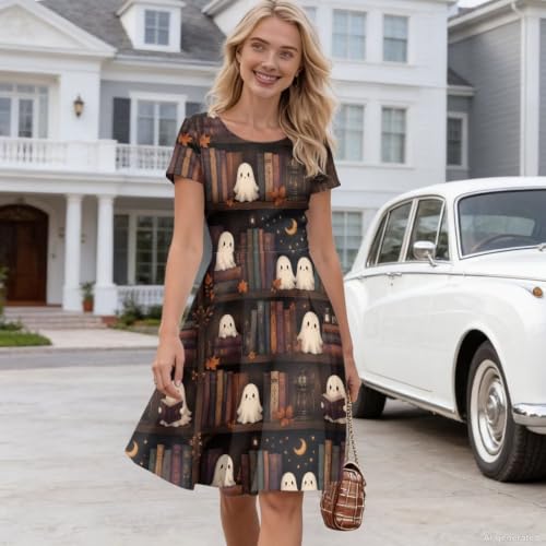 Image of POLERO Women Puffy Swing Elegant Party Midi Dresses Short Sleeve Round Neck A-Line Dress