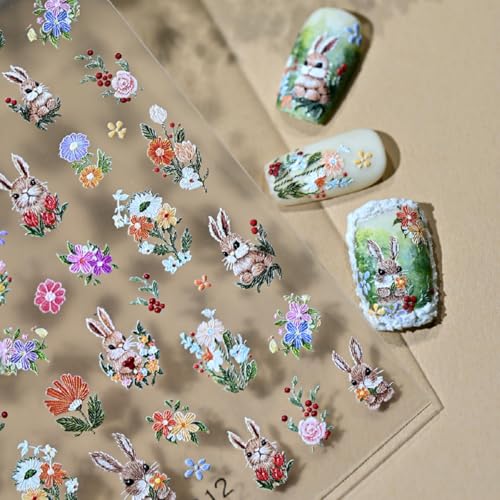 Image of Rabbit Nail Stickers for Nail Art Flower Nails Decals 5D Embossed with Design Self Adhesive Nails Charms for Women Cute DIY Decoration Accessories Supplies