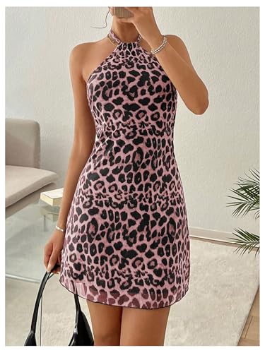 Image of MakeMeChic Women's Leopard Print Halter Dress Tie Backless Cheetah Party Mini Dresses