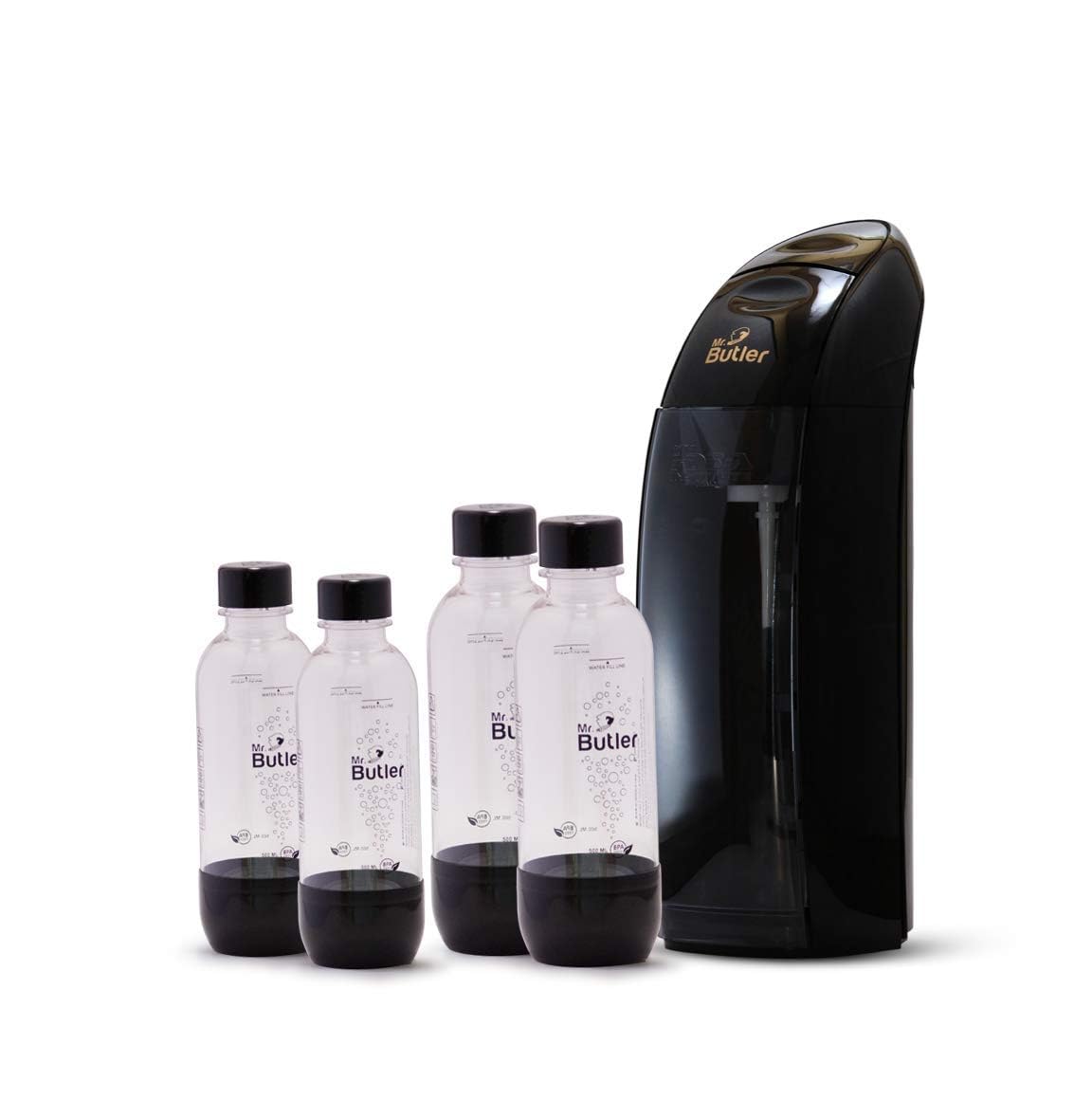 Mr.Butler Italia Soda Maker Black – Jumbo Pack with 2 cylinders and 4 PET Bottles