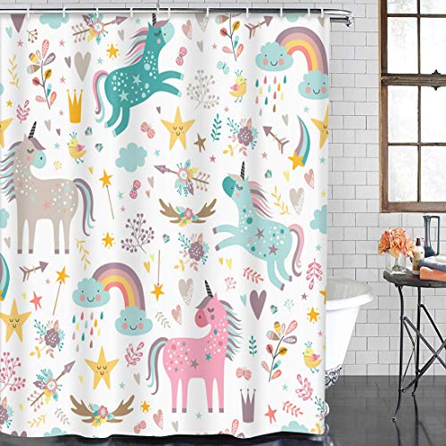 Emvency Shower Curtain Kids Rainbow Blue Pattern Unicorns Pink Baby Girl Animal Arrow Beautiful Waterproof Polyester Fabric 72 X 72 Inches Set With Hooks #TOP4