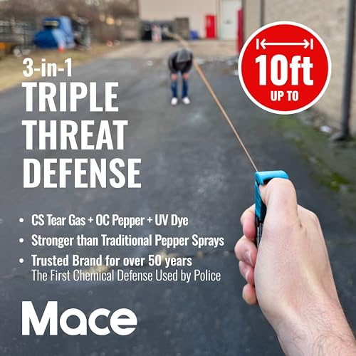 Mace Pepper Spray - Triple Action Pepper Spray Pocket Model, 3-in-1 Formula (OC, Tear Gas, UV Dye), 0.42 oz, 10 Feet Range, Flip Top Safety Cap, Self Defense Pepper Spray for Women & Men - Blue