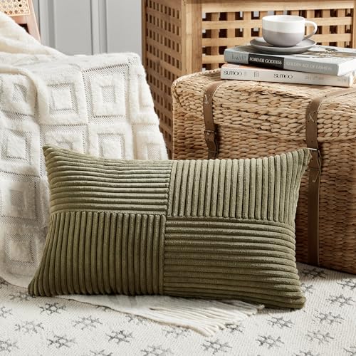 Image of Fancy Homi 2 Packs Olive Green Long Lumbar Decorative Throw Pillow Covers 12x24 Inch for Couch Bed Sofa, Rustic Farmhouse Boho Home Decor, Soft Striped Corduroy Rectangle Accent Cushion Case 30x60 cm