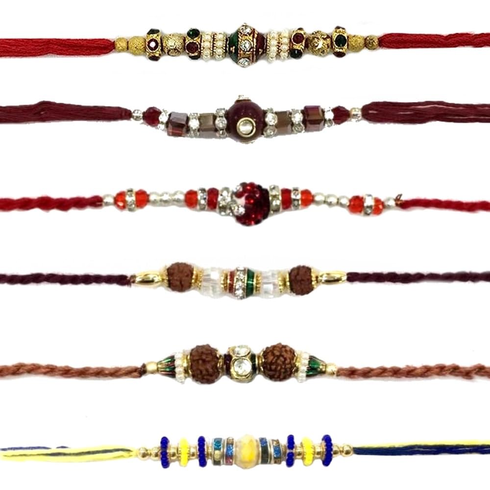 Indiabazaar Rakhi Thread for Brothers 6PC Assorted Raksha Bandhan Bracelets Rakhi Set for Bhaiya Brother on Rakhi Hindu Indian Festival Simple Handmade Rakhadi Threads Mix Multi Design Color