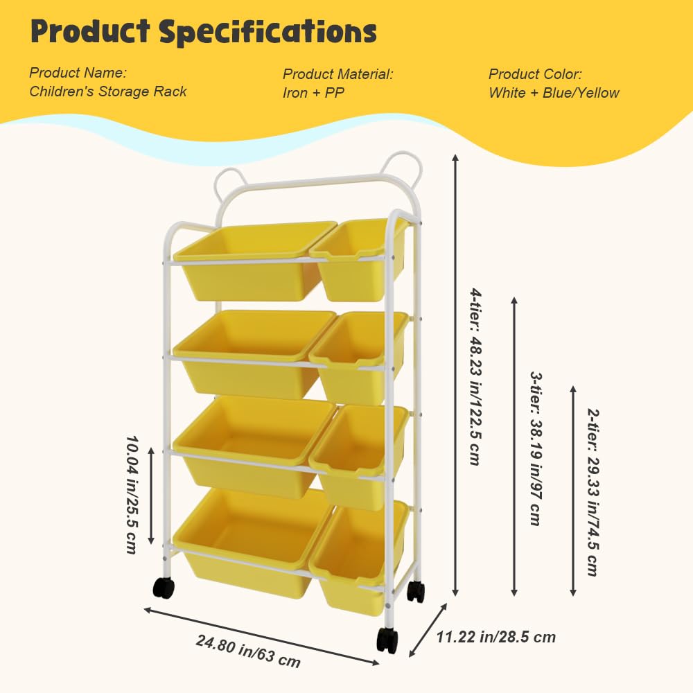 Organizador de Juguetes Infantil con Ruedas, 8 Cajas Amarillas Extraíbles, 4 Niveles, 63x28.5x122.5cm, Diseño de Orejas de Oso, Almacenamiento para Habitación Infantil (4 Tier)