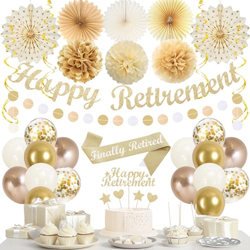 Vlipoeasn Retirement Decorations for Men Women Champagne Gold Finally Retired Happy Retirement Banner Swirls Party Supplies Retiree Farewell Party Set Work Party Decorations