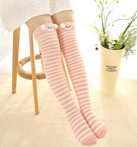 Image of Hotmiss Womens Thigh High Fuzzy Socks Cute Over the Knee Stockings Winter Warm Stripe Leg Warmers