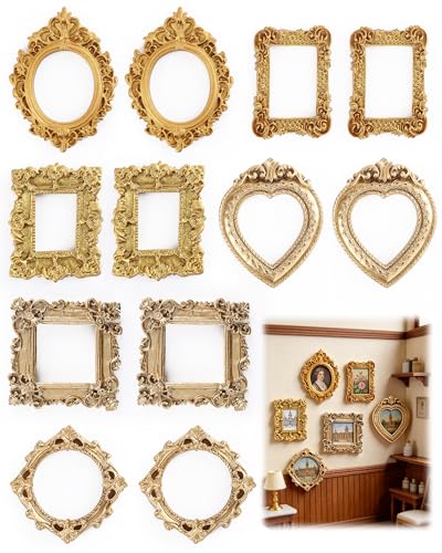 Acual 12 Marcos de Fotos Dorado Pequeño, Marco de Fotos Dorados Vintage de Resina Antigua Barroco, Decoración Mini para Pared, Mesa, Joyería, Manualidades DIY y Regalos
